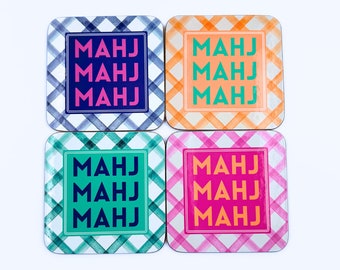 Mahjong Coasters, 4 Set  | Gift or Prize | Green, Pink, Blue, Orange