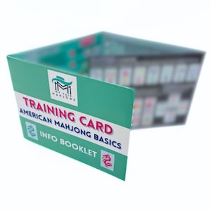 May include: A teal training card for American Mahjong basics. The card features the text "TRAINING CARD AMERICAN MAHJONG BASICS INFO BOOKLET" in red and white. The My Fair Mahjong logo is at the top. The background is white.