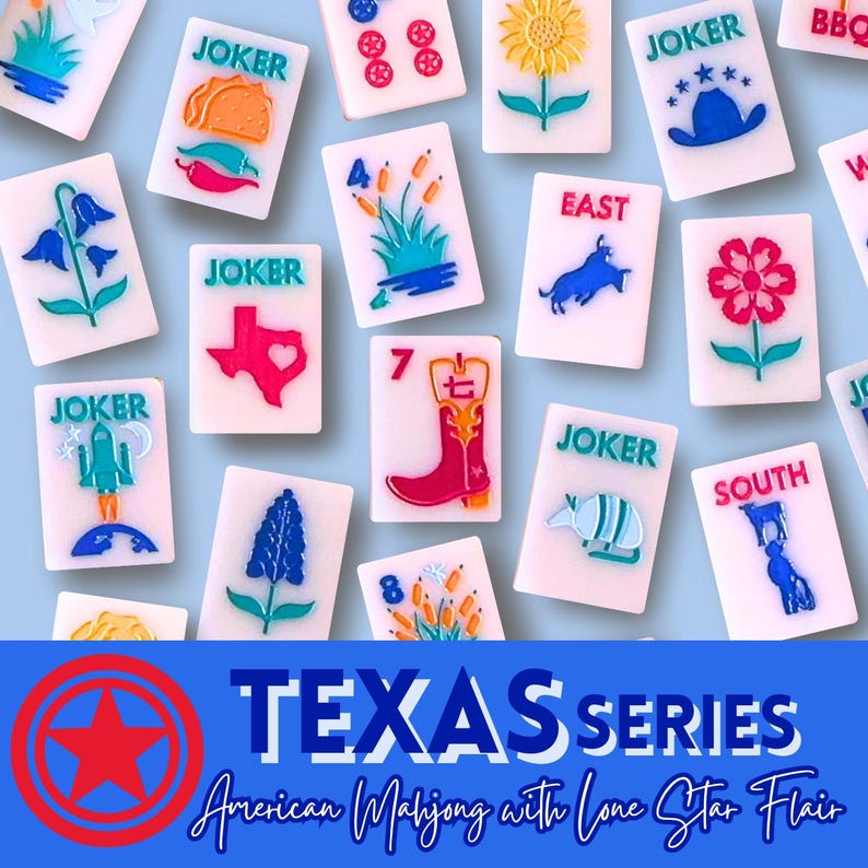 May include: A set of colorful mahjong tiles with Texas-themed designs, including a cowboy boot, a sunflower, a armadillo, and a rocket ship. The tiles are arranged on a light blue background. The text "TEXAS SERIES" and "American Mahjong with Lone Star Flair" is displayed at the bottom of the image.