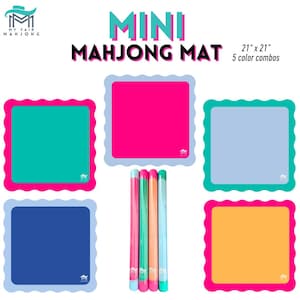 May include: Five different colored mini mahjong mats, each measuring 21 inches by 21 inches. The mats are in shades of blue, green, pink, orange, and light blue. The mats have a scalloped edge and a small logo in the bottom right corner.
