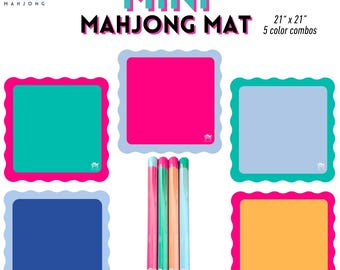 May include: Five different colored mini mahjong mats, each measuring 21 inches by 21 inches. The mats are in shades of blue, green, pink, orange, and light blue. The mats have a scalloped edge and a small logo in the bottom right corner.