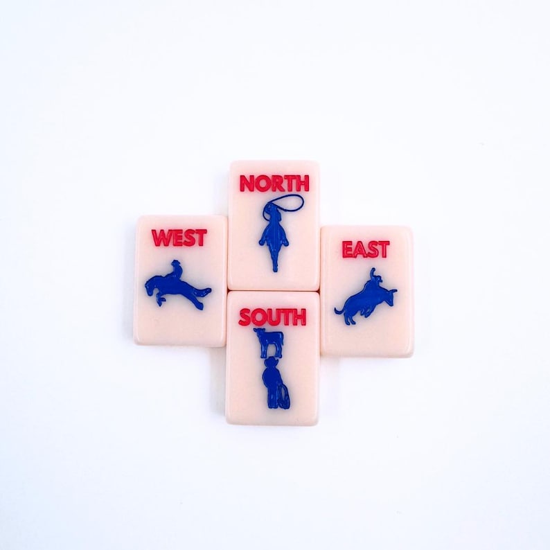 May include: Four white square tiles with red and blue illustrations and text. The tiles are labeled "North", "South", "East", and "West".