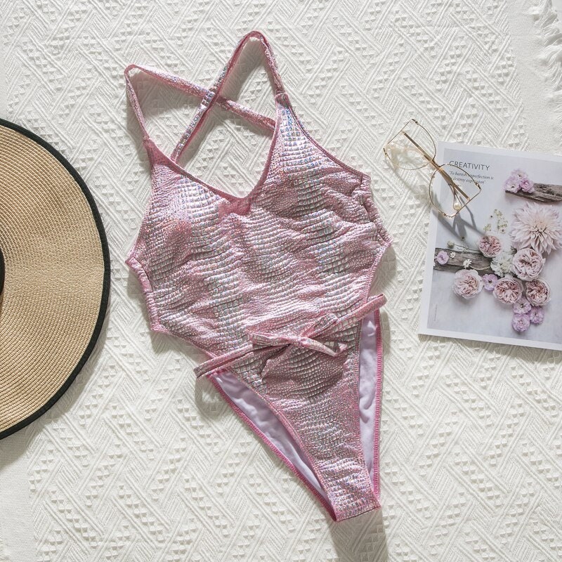 Glitter Sexy swimsuit one piece Sexy string monokini Pink Etsy