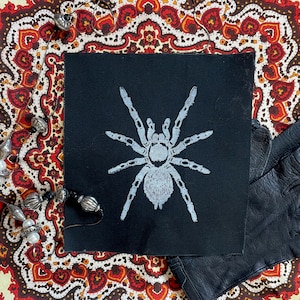 May include: A black fabric patch with a white silhouette of a spider on a paisley patterned background.