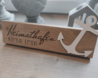 Personalized oak sign "Home Port" with coordinates and anchor