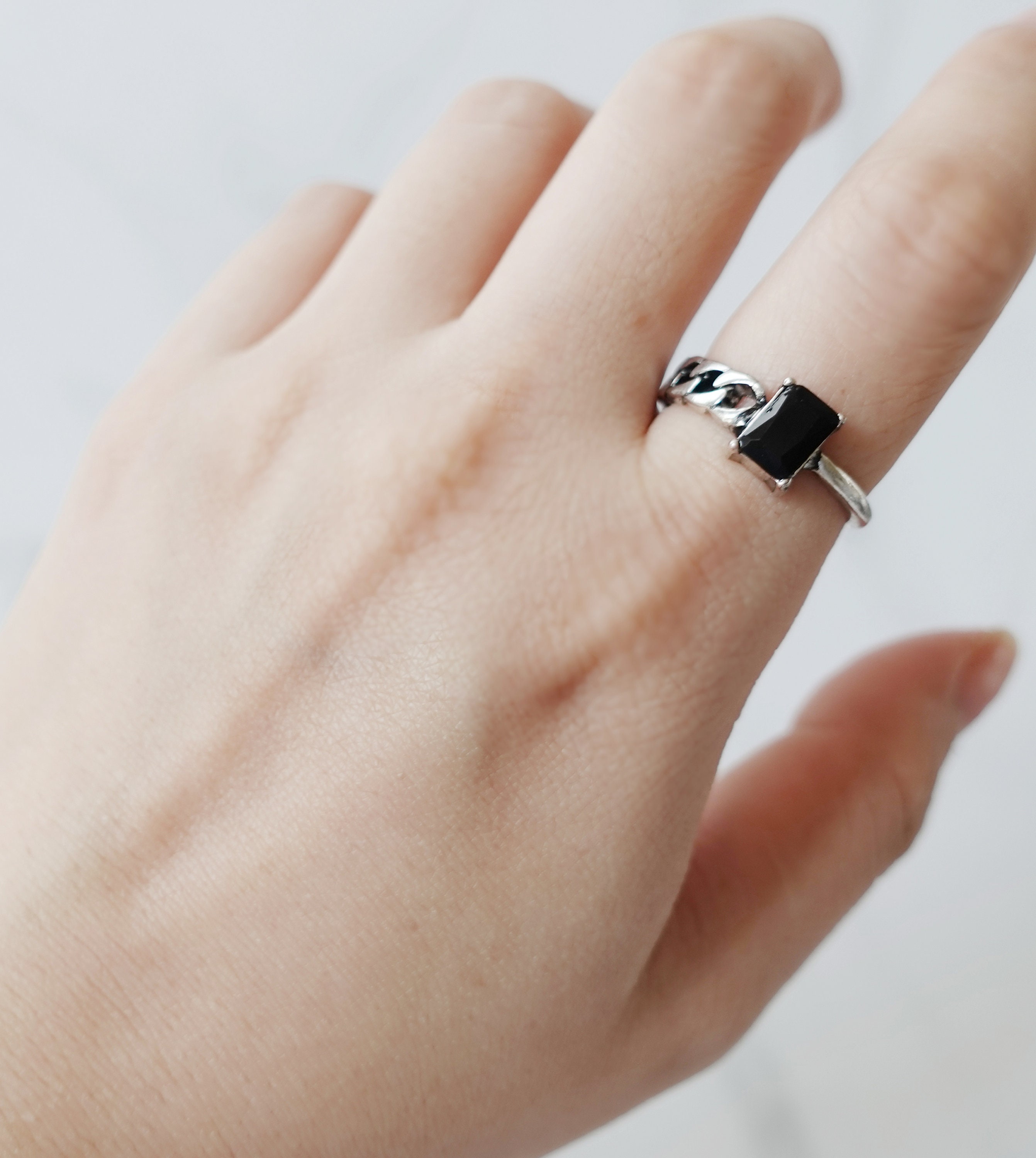 Chain Ring silver Black gem Ring Open Ring silver Etsy