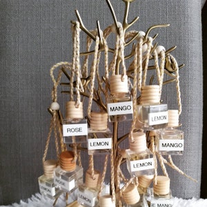 May include: A collection of small, clear glass bottles with wooden caps, hanging from a gold-colored tree-shaped display. Each bottle has a label with a scent name, including "Rose," "Lemon," and "Mango." The bottles are suspended by beige and gold cords.