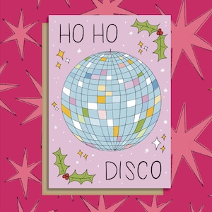Ho Ho Disco-kerstkaart – Retro discobal kerstkaart met hulst, leuke kerstgroet voor feestliefhebbers, unieke kerstkaart