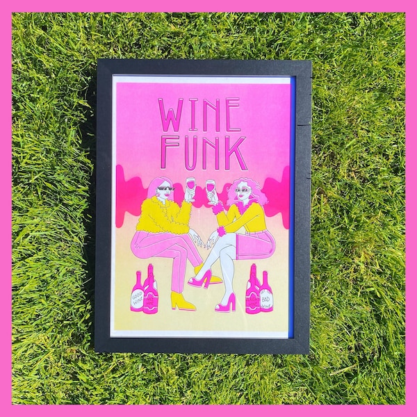 Wine-Funk Riso-Graph Print Wine Illustration Gift for him or her Perfect for a Birthday Present or Housewarming Present.