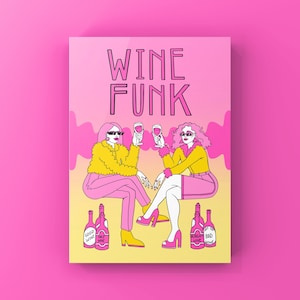 Wine-Funk Riso-Graph Postkarte Wein Illustration. Postkarte Perfekt für den Versand an Freunde, Familie und Weinliebhaber.
