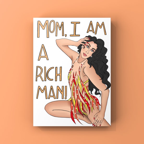 Maman, je suis un homme riche, Célèbre Cher Citation Illustrée Carte postale. Icône gay féministe impersy. idéal pour les fans de Cher. Carte postale pour l’envoi.