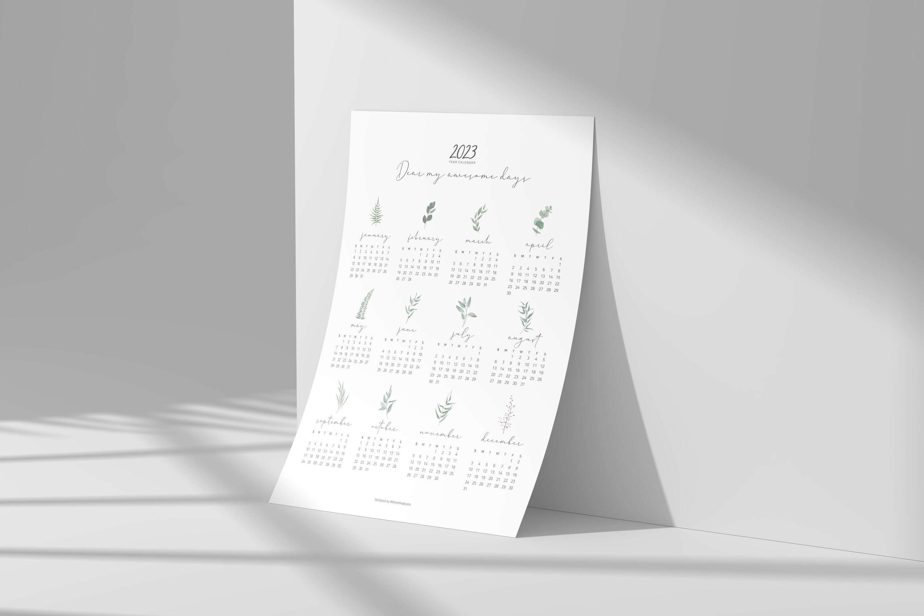 2023 printable greenery year calendar yearly printable calendar 2023