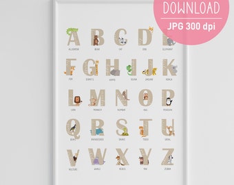 DIGITAL DOWNLOAD, ABC Wall Art Alphabet Poster Alphabet Print Printable Nursery Wall Art Kids Playroom decor_ Beige