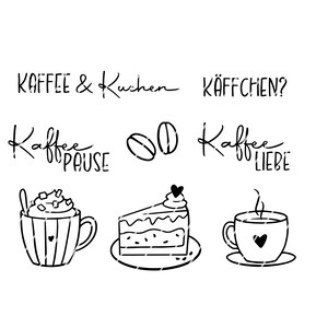 Könnte beinhalten: Schwarz-weiße handgezeichnete Illustrationen von Kaffeetassen, Kaffeebohnen, Kuchen und Text in deutscher Sprache. Der Text lautet "Kaffee & Kuchen", "Kaffeepause", "Kaffee so Liebe" und "Kaffchen?"