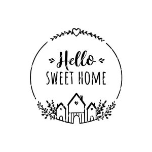 Könnte beinhalten: Schwarz-weiß-Illustration von drei Häusern mit Herzen an den Türen, umgeben von einem Kranz mit dem Text "Hello Sweet Home".
