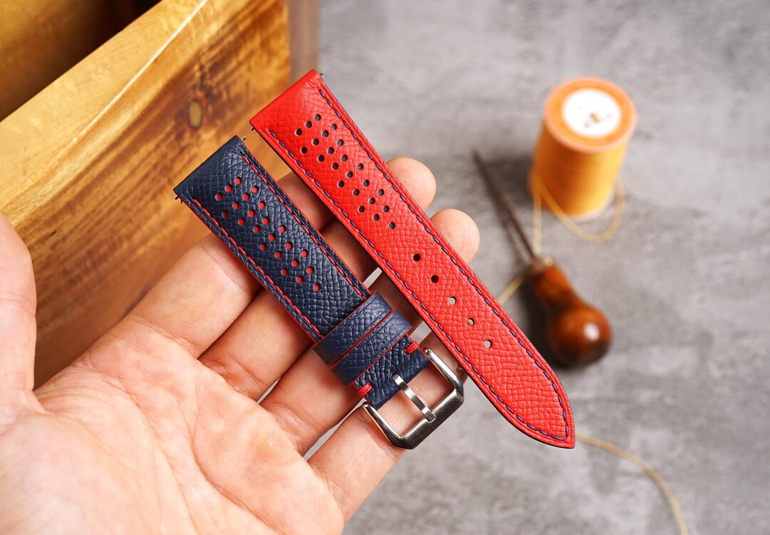 Bespoke Rally Navy Red Leather Watch Strap for Tudor 16mm 17mm 18mm ...