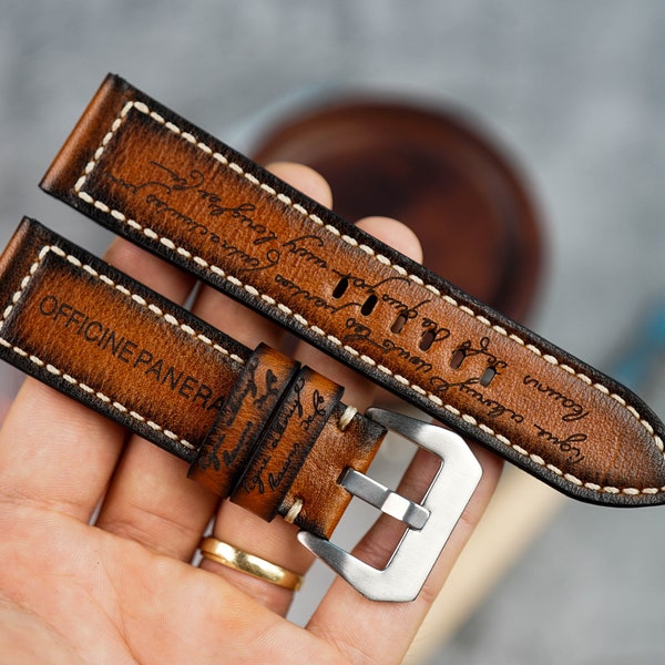 Bespoke Patina Brown Engraved Leather Watch Strap, Custom Watch Band 20mm,22mm,24mm,26mm