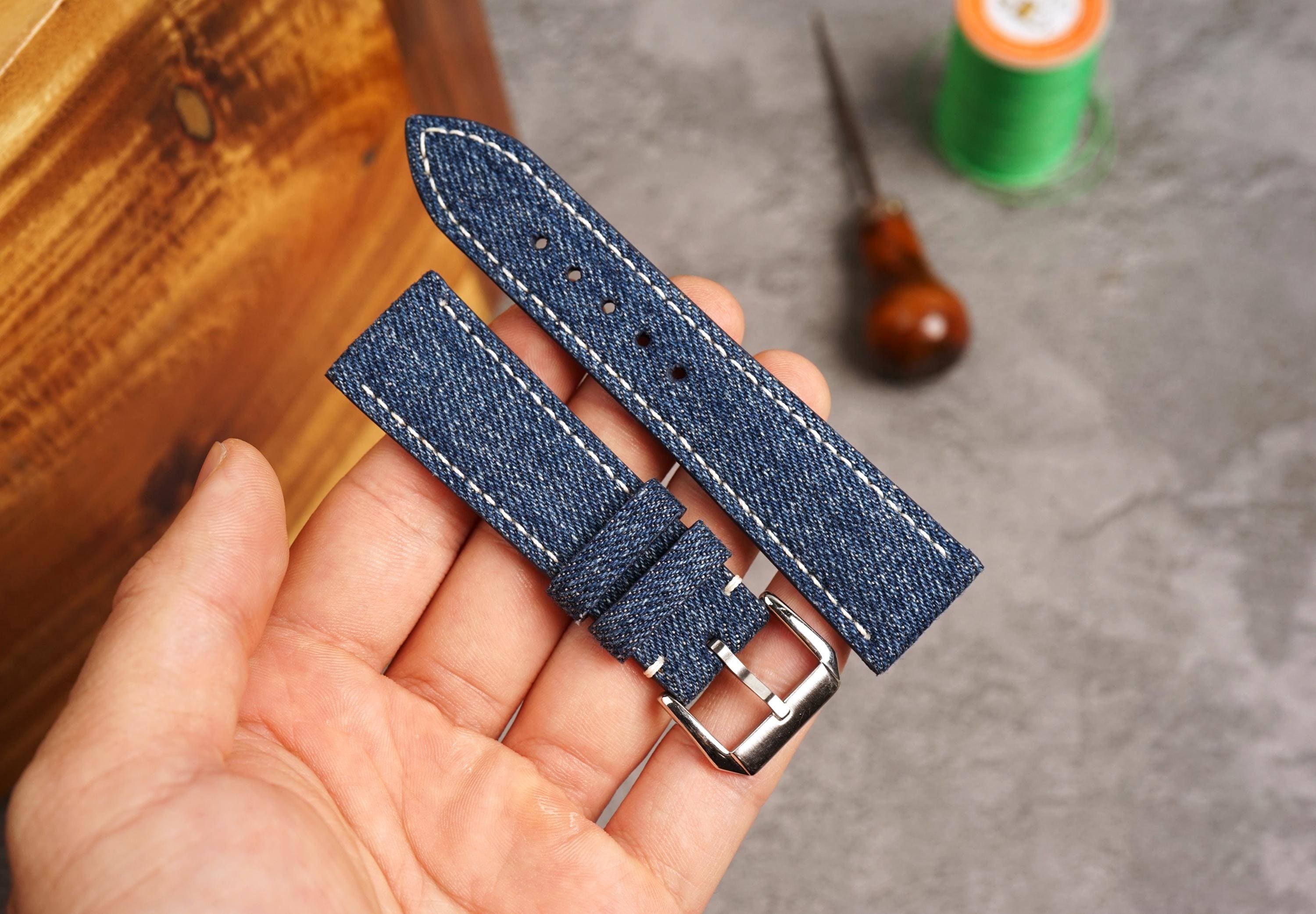 Bespoke Blue Denim Watch Strap for Tudor, Oris 16mm 17mm 18mm 19mm 20mm 21mm 22mm 23mm