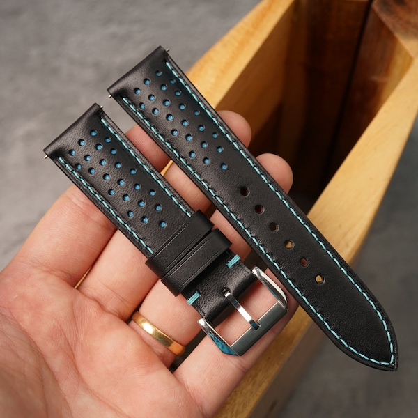 Handmade Rally Black Blue Leather Watch Band, Buttero Watch Strap, Omega Watch Band 16mm,17mm,18mm,19mm,20mm,21mm,22mm,23mm,24mm