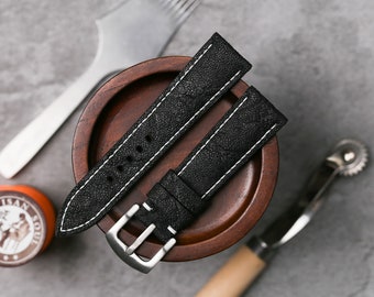 Custom Black Leather Watch Strap, Vintage Watch Band 16mm,18mm,19mm,20mm,21mm,22mm,24mm,26mm