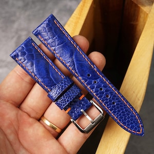 Bespoke Orange Blue Ostrich Leg Watch Strap, Custom Blue Leather Watch Band 16mm 17mm 18mm 19mm 20mm 21mm 22mm 24mm 26mm