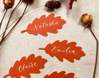 Oak Leaf Place Cards: Burnt Orange Calligraphy Wedding Seating