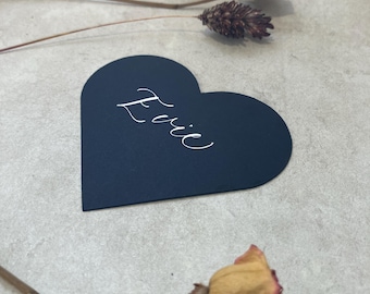 Calligraphy Love Heart Shaped Place Cards With White Ink: 12 Colours Available - Weddings & Events