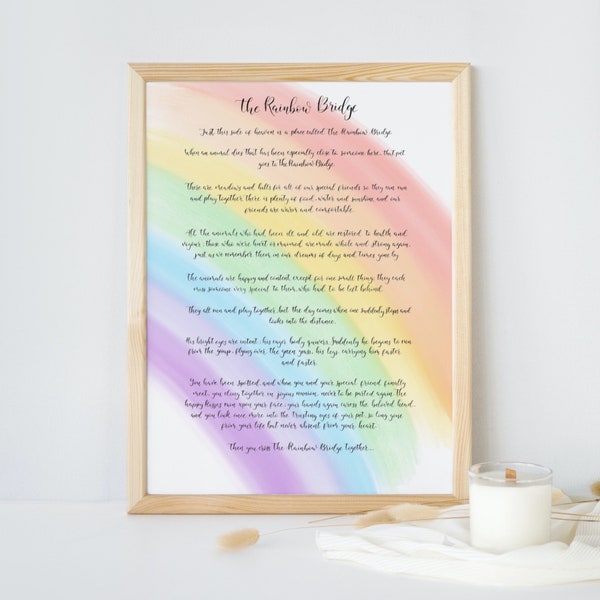 The Rainbow Bridge poem - Handwritten & Digitised Print In Memory Of Pets/ Pet Loss Remembrance