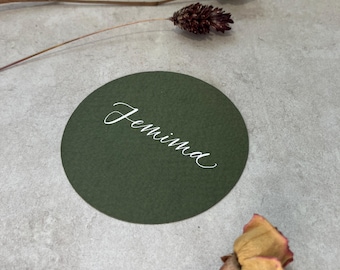 Calligraphy Circe Shaped Place Cards With White Ink: 12 Colours Available - Weddings & Events