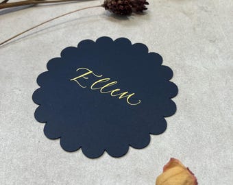 Calligraphy Scalloped Edge Circle Place Cards With Gold Ink: 15 Colours Available - Weddings & Events
