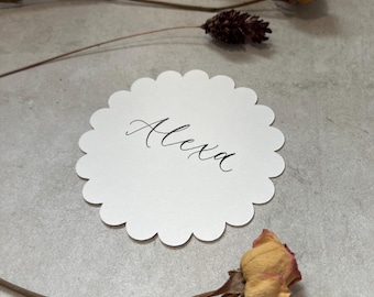 Calligraphy Scalloped Edge Circle Place Cards With Black Ink: 10 Colours Available - Weddings & Events