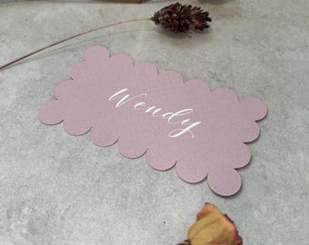 Calligraphy Scalloped Edge Place Cards With White Ink: 12 Colours Available - Weddings & Events