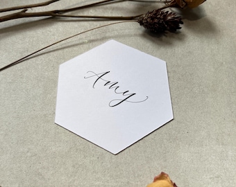 Calligraphy Hexagonal Place Cards With Black Ink: 10 Colours Available - Weddings & Events