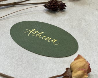 Calligraphy Oval Shaped Place Cards With Gold Ink: 15 Colours Available - Weddings & Events