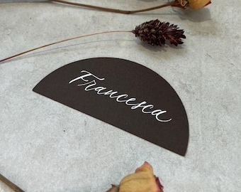 Calligraphy Semi-Circle Shaped Place Cards With White Ink: 12 Colours Available - Weddings & Events