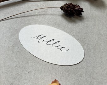 Calligraphy Oval Shaped Place Cards With Black Ink: 10 Colours Available - Weddings & Events