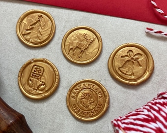 Christmas Variety Handmade Gold Wax Seals: Self Adhesive Christmas Envelope Label | Tree, Stocking, Bell, Reindeer, Santa Claus Official