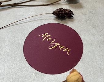 Calligraphy Circle Shaped Place Cards With Gold Ink: 15 Colours Available - Weddings & Events