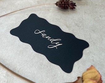 Calligraphy Wavy Edge Shaped Place Cards With White Ink: 12 Colours Available - Weddings & Events
