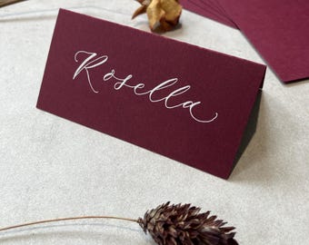 Burgundy Deep Red Tent Fold Place Cards | Wedding Setting | Event, Party | Stationery
