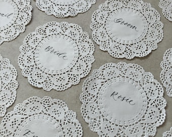 Calligraphy Paper Doily Place Cards - Weddings & Events | Classic English Tea Party