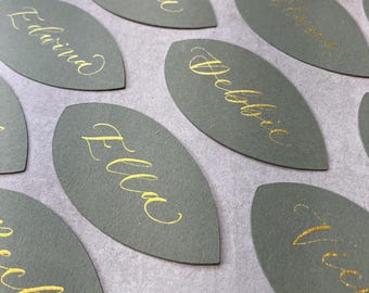Calligraphy Leaf Place Cards: Rustic Wedding Table Setting