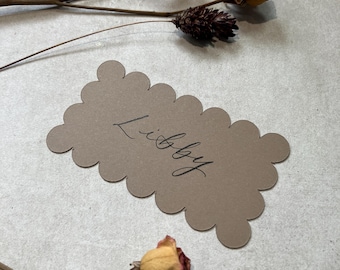 Calligraphy Scalloped Edge Place Cards With Black Ink: 10 Colours Available - Weddings & Events