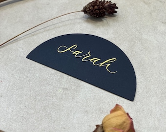 Calligraphy Semi-Circle Shaped Place Cards With Gold Ink: 15 Colours Available - Weddings & Events