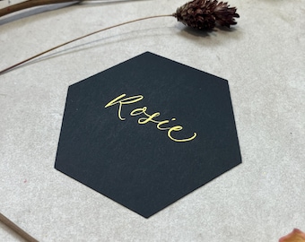 Calligraphy Hexagonal Place Cards With Gold Ink: 15 Colours Available - Weddings & Events