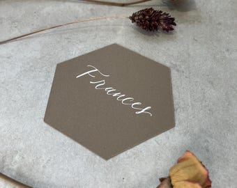 Calligraphy Hexagonal Shaped Place Cards With White Ink: 12 Colours Available - Weddings & Events