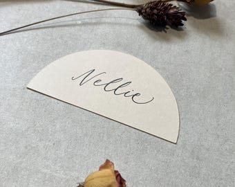 Calligraphy Semi Circle Shaped Place Cards With Black Ink: 10 Colours Available - Weddings & Events