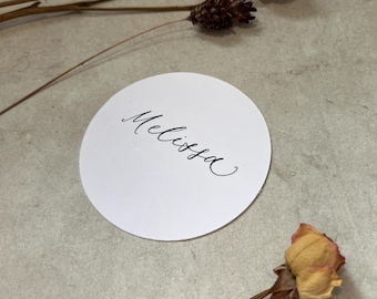 Calligraphy Circle Shaped Place Cards With Black Ink: 10 Colours Available - Weddings & Events