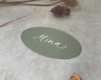 Calligraphy Oval Shaped Place Cards With White Ink: 12 Colours Available - Weddings & Events