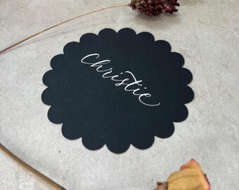 Calligraphy Scalloped Edge Circle Shaped Place Cards With White Ink: 12 Colours Available - Weddings & Events